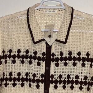 MORSECODE CROCHET OPEN KNIT IVORY BROWN COTTON BLEND BUTTON FRONT SHIRT L NWT